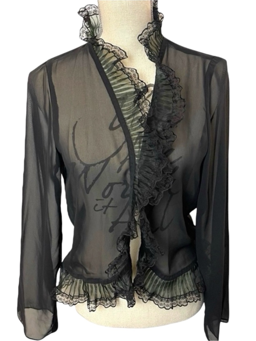 Vintage Top Season Black Sheer Organza Lace Ruffle Trim Open Front Top (S/M)